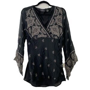 Vtg New York Design Womens Large Shirt 100% Silk Black Whimsy Goth Dark Romantic